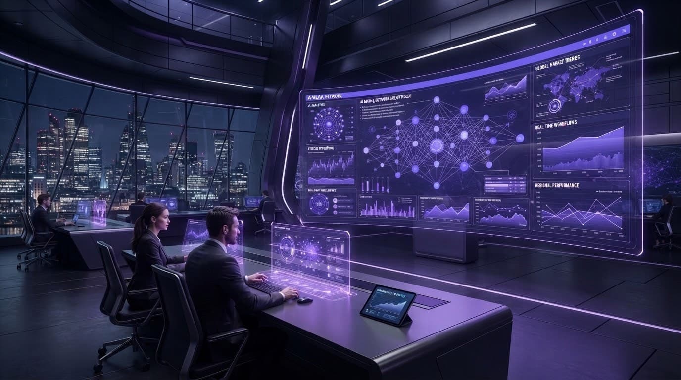 AI-native operations grid — abstract representation of Bizkook working across multiple industries worldwide
