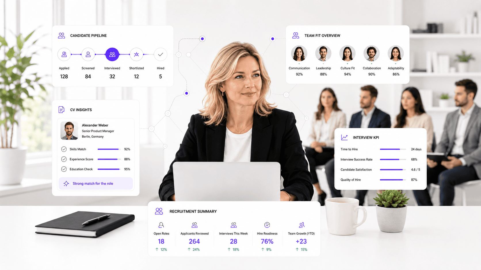 A recruiting lead reviews candidates with the live hiring picture around her — candidate pipeline, CV insights with a strong match for a Senior Product Manager, team-fit overview, interview KPIs, and a recruitment summary.