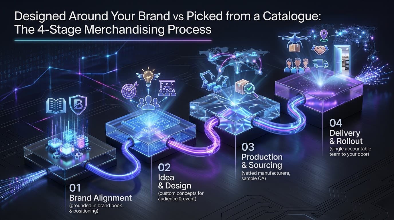 Brand merchandising special gifts — a curated bespoke corporate gift set for clients and employees, selected and presented to match the brand rather than a generic corporate gift basket