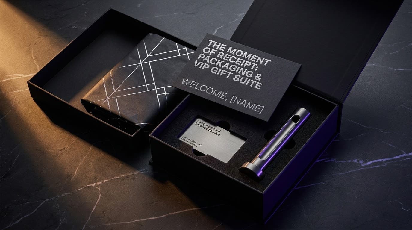 Brand merchandising packaging and unboxing — a branded box, tissue paper, mailer and seal set designed as the first physical brand experience after a customer clicks buy