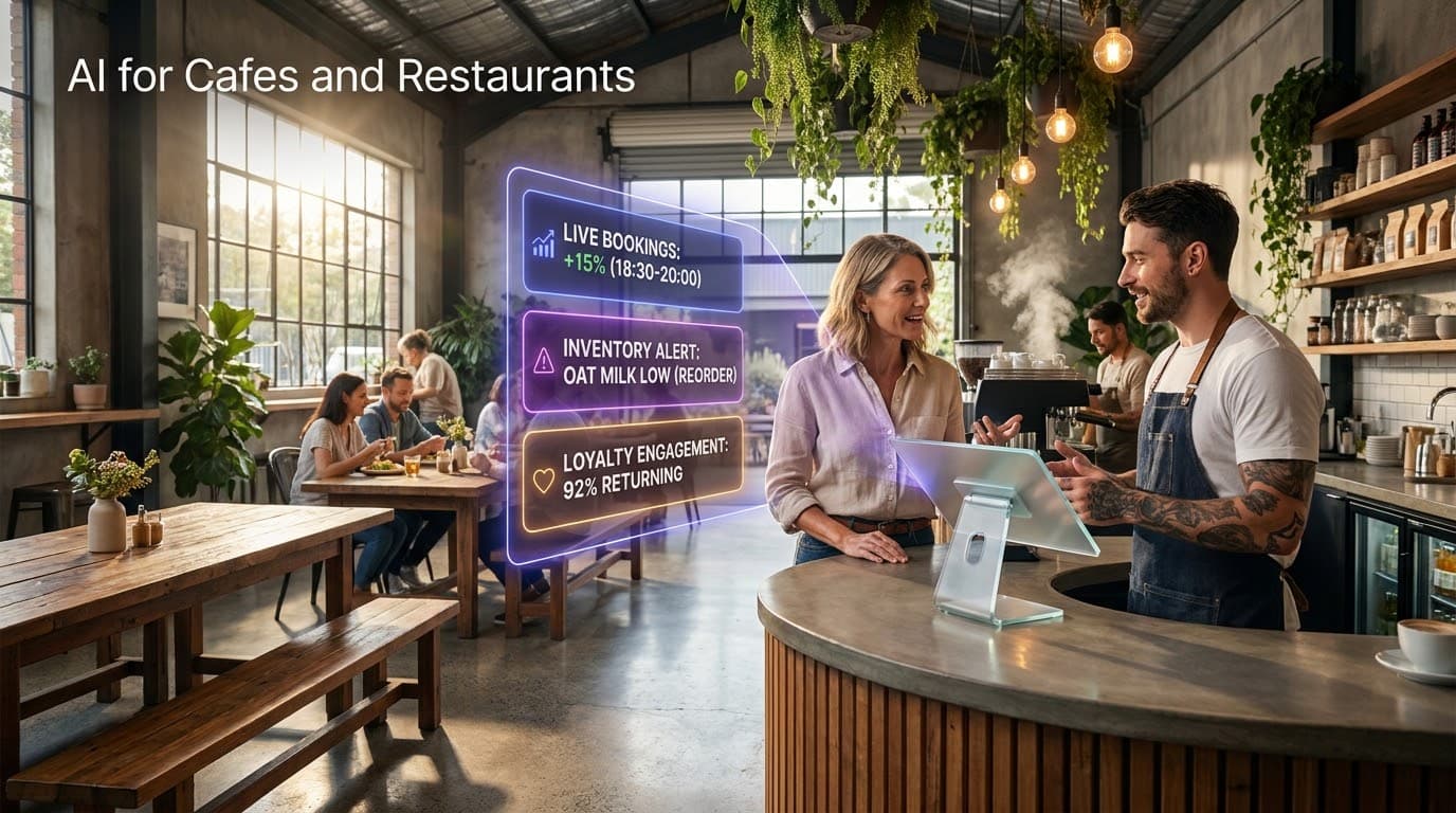 AI for cafes and restaurants — an independent Sydney cafe owner and barista reviewing an AI operations overlay showing live table bookings up 15% between 18:30 and 20:00, an oat milk inventory reorder alert, and 92% returning customer loyalty engagement, in a warm modern industrial cafe interior