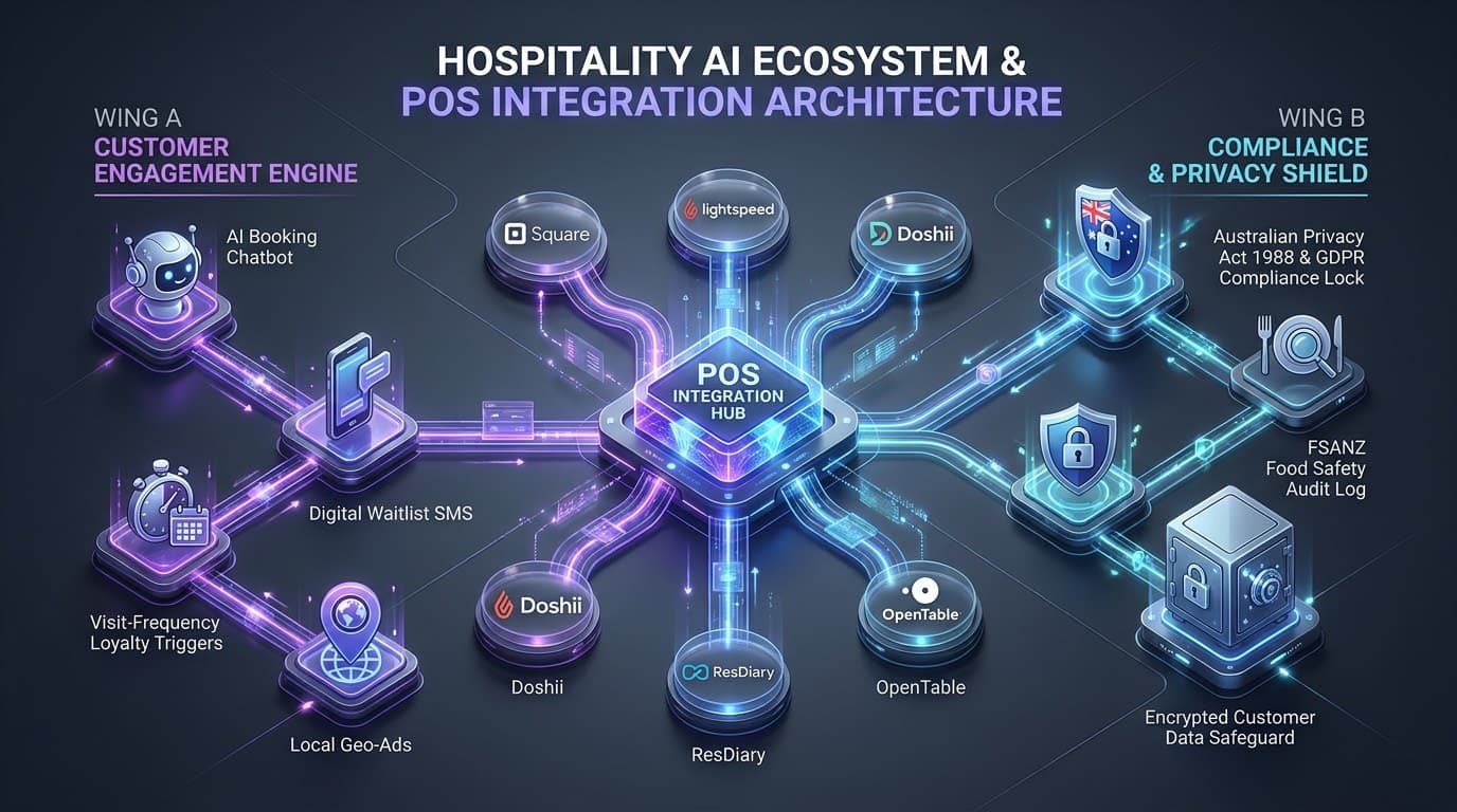 AI for hospitality — the hospitality AI ecosystem and POS integration architecture, with Wing A covering the customer engagement engine (AI booking chatbot, digital waitlist SMS, visit-frequency loyalty triggers, local geo-ads) integrated through Square, Lightspeed, Doshii, ResDiary and OpenTable, and Wing B covering the compliance and privacy shield (Australian Privacy Act 1988 and GDPR compliance lock, FSANZ food safety audit log, encrypted customer data safeguard)
