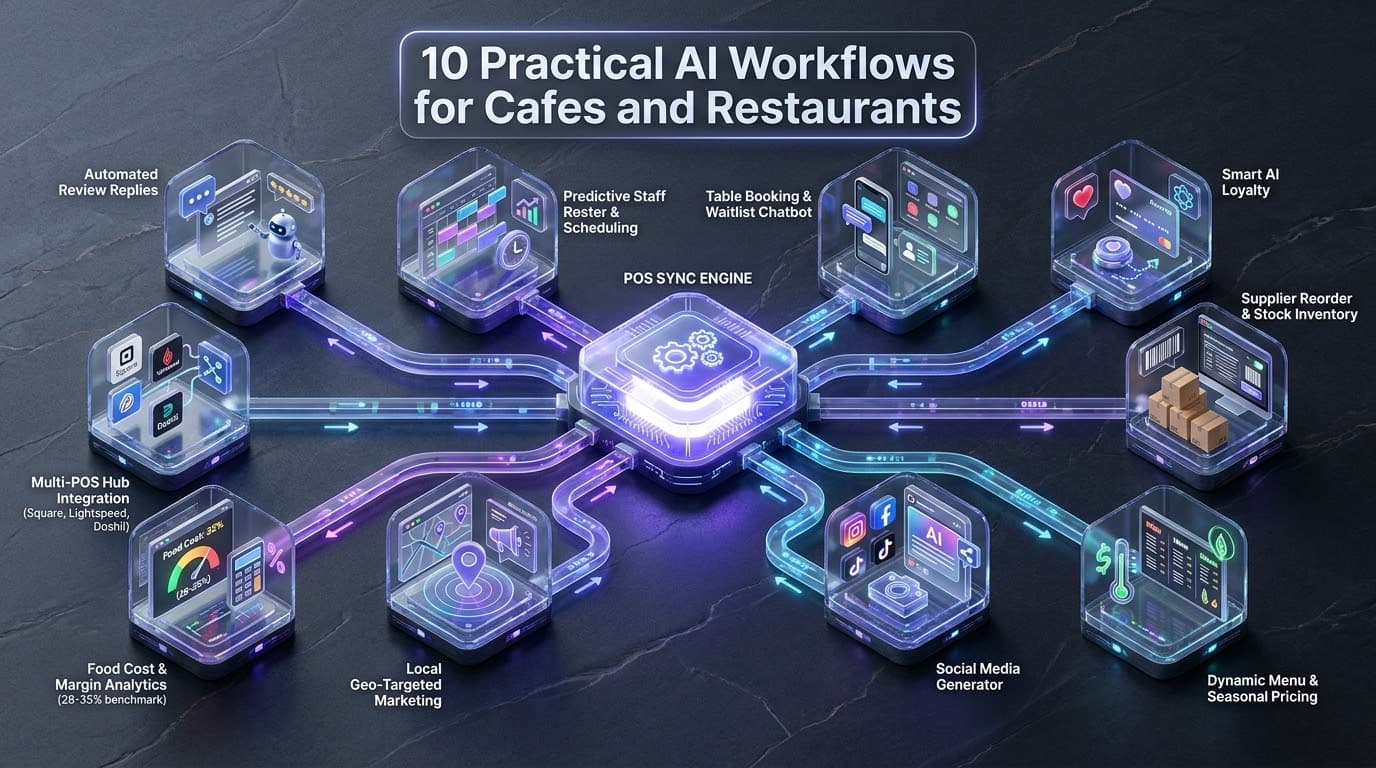 AI for restaurants — the 10 practical AI workflows for cafes and restaurants mapped around a central POS sync engine: automated review replies, predictive staff roster and scheduling, table booking and waitlist chatbot, smart AI loyalty, supplier reorder and stock inventory, multi-POS hub integration for Square, Lightspeed and Doshii, food cost and margin analytics at a 28–35% benchmark, local geo-targeted marketing, social media generator, and dynamic menu and seasonal pricing