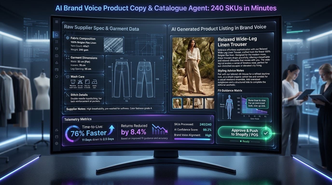 Fashion retail AI case study — Sydney womenswear label with two stores and DTC website managing ~600 SKUs per season, deploying an AI product copy agent, reorder-watch sell-through signal, and CRM lifecycle flows