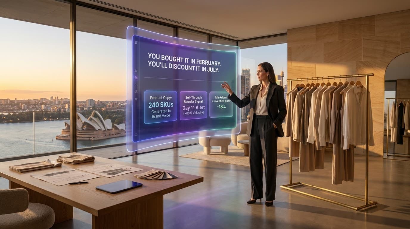 AI for fashion retail — a Sydney boutique founder reviewing a Shopify catalogue and an AI product-copy agent draft on a second screen while planning the next season buy, seasonal markdown and reorder signals visible in the dashboard