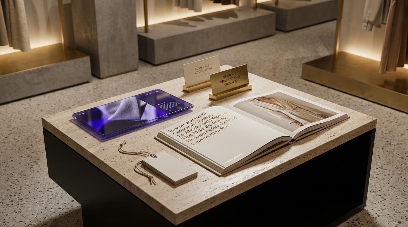 Fashion retail in-store and retail collateral — signage, lookbooks and window display for a Sydney boutique, making the buying decision before the staff conversation begins