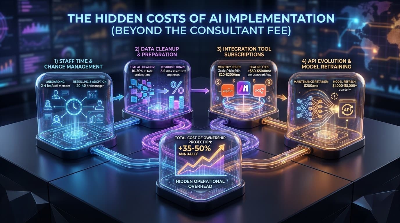 AI consulting Sydney cost — the hidden layers beyond the consultant fee (staff time and change management, data cleanup and preparation, integration tool subscriptions, API evolution and model retraining) that lift total cost of ownership 35–50% annually