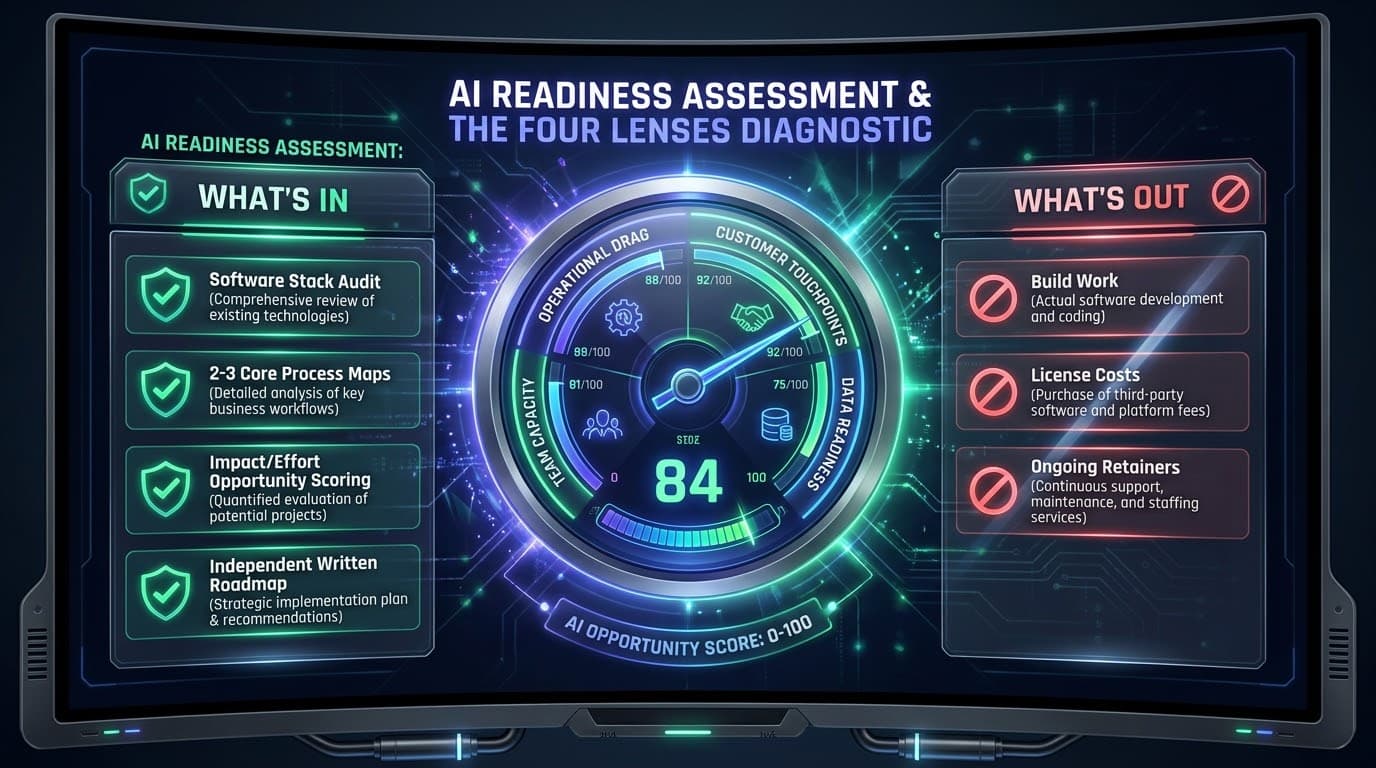 AI audit cost Australia — what a $300 AI readiness assessment includes (software stack audit, 2–3 core process maps, impact and effort opportunity scoring, independent written roadmap) versus what it excludes (build work, license costs, ongoing retainers)